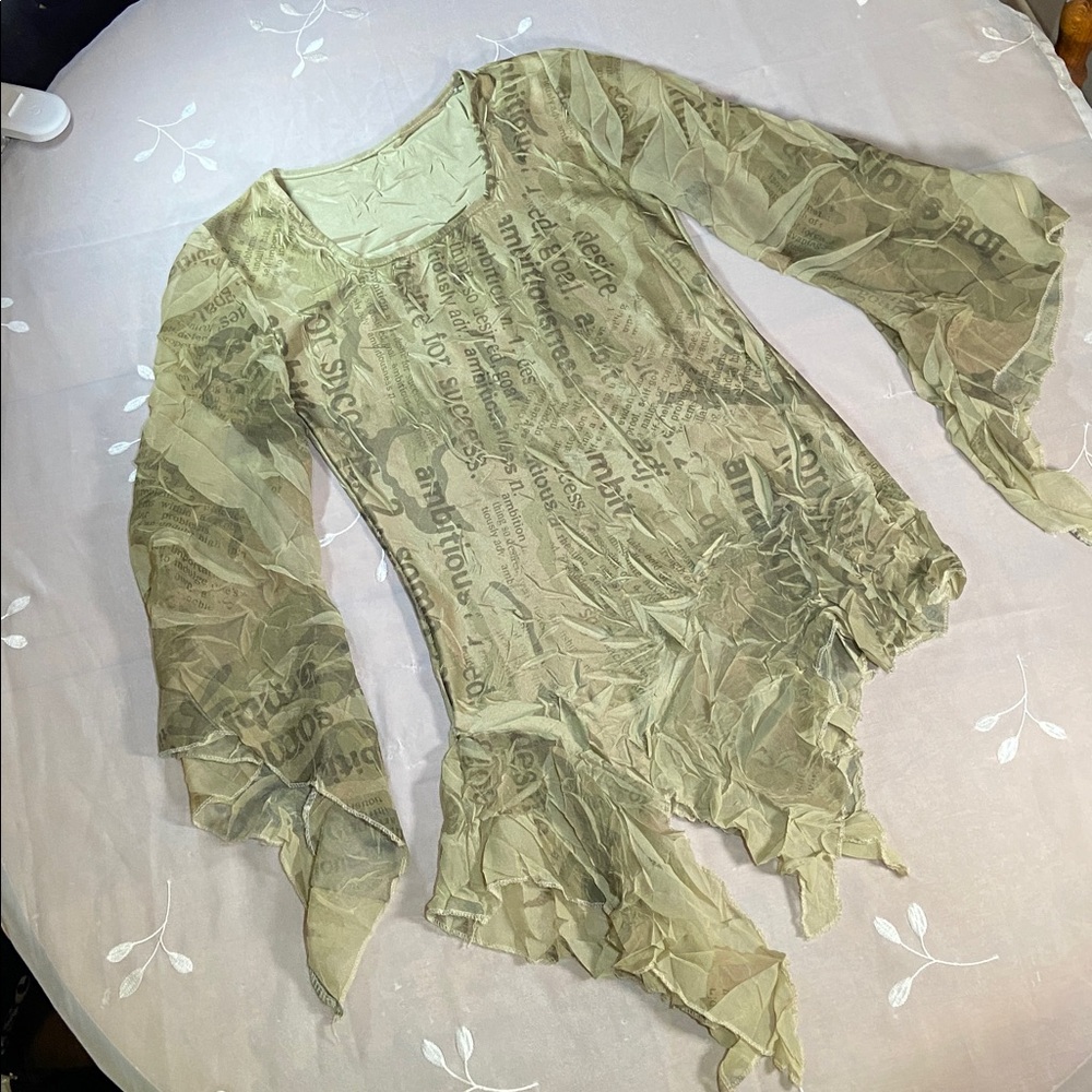 Vintage Y2K Elegant Olive Women's Tunic Top Mesh Asymmetic Sleeve And bottom